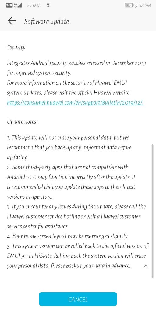 Honor View 10 emui 10 update changelogs