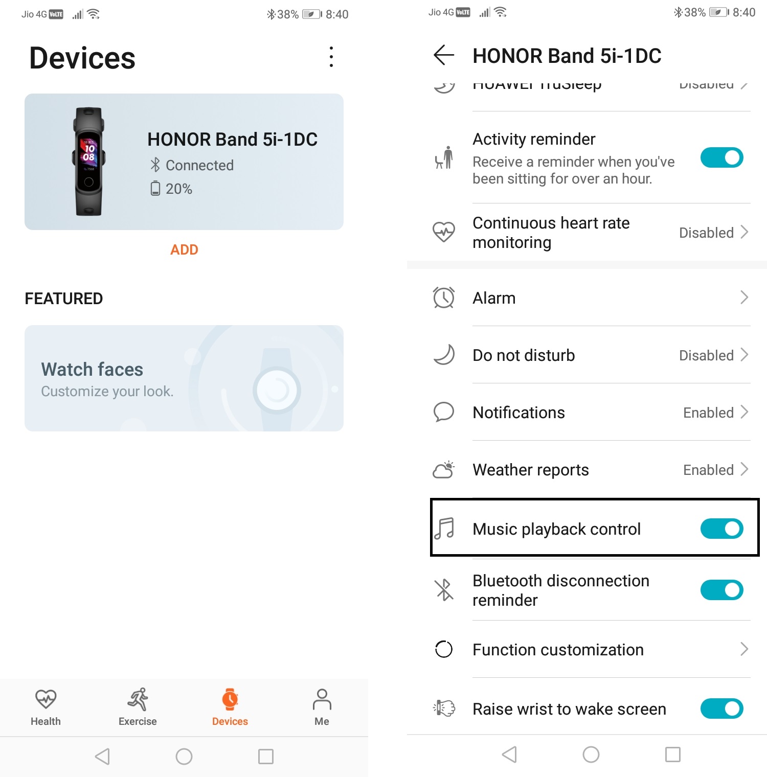 How to enable Music Playback Control in Honor Band 5i