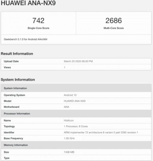 Huawei P40 ANA-NX9 spotted on GeekBench