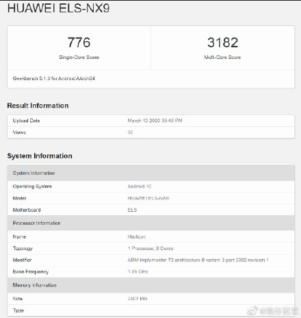 Huawei P40 ELS-NX9 Geekbench