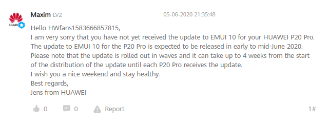Huawei EMUI 10 P20 Pro Europe Status