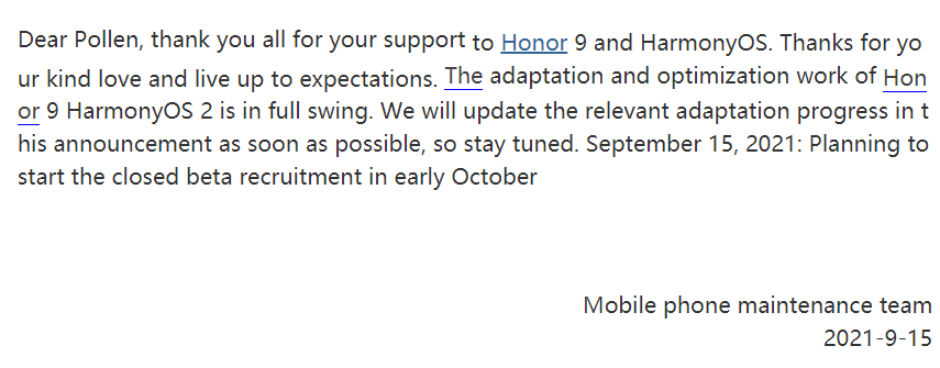 HarmonyOS internal beta recruitment for Honor 9 and Play