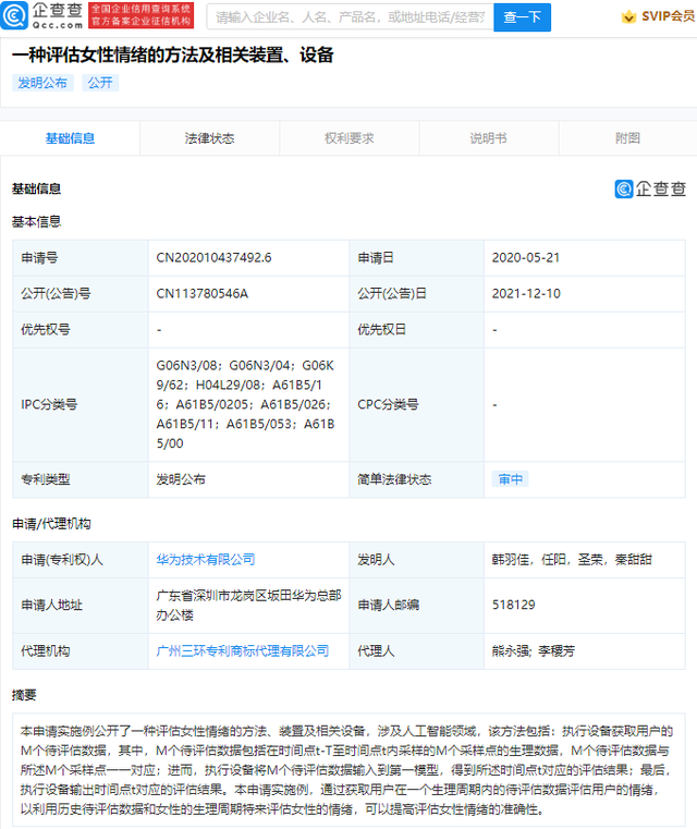 Huawei published a patent related to Evaluating Women Emotions