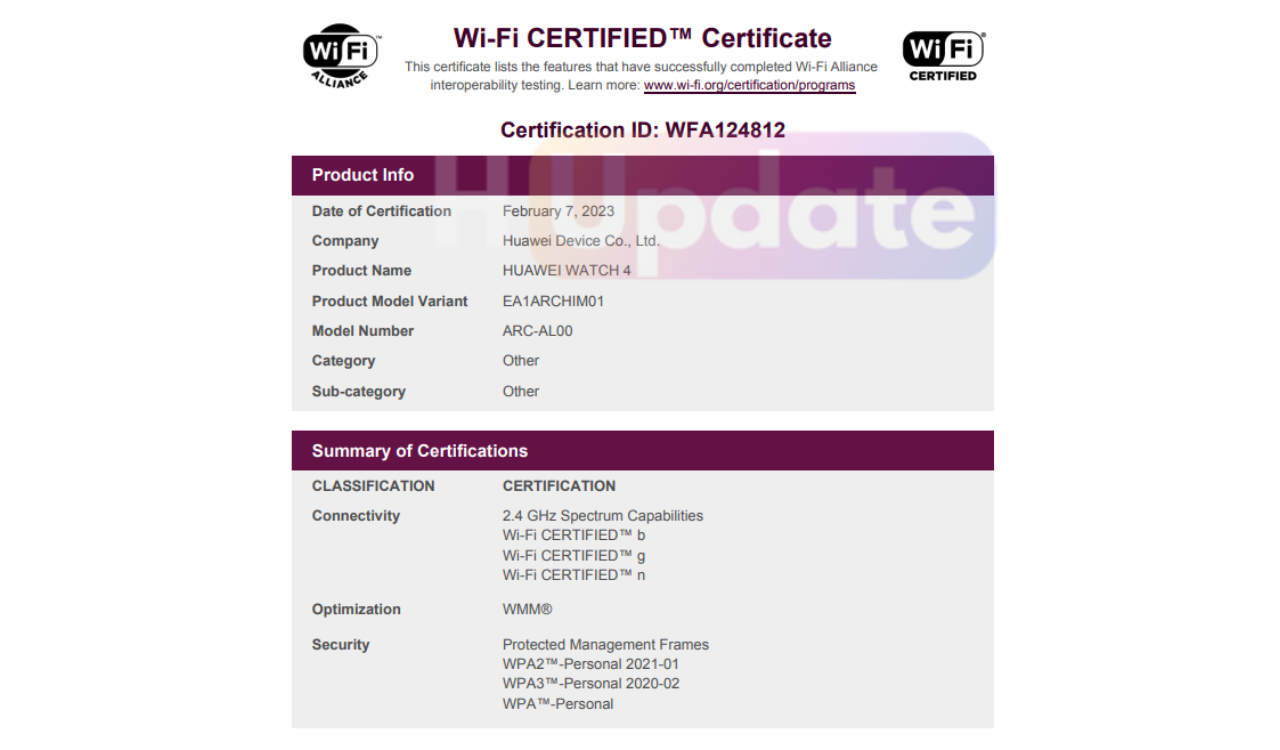 Huawei Watch 4 and Watch 4 Pro WiFi Alliance certificates